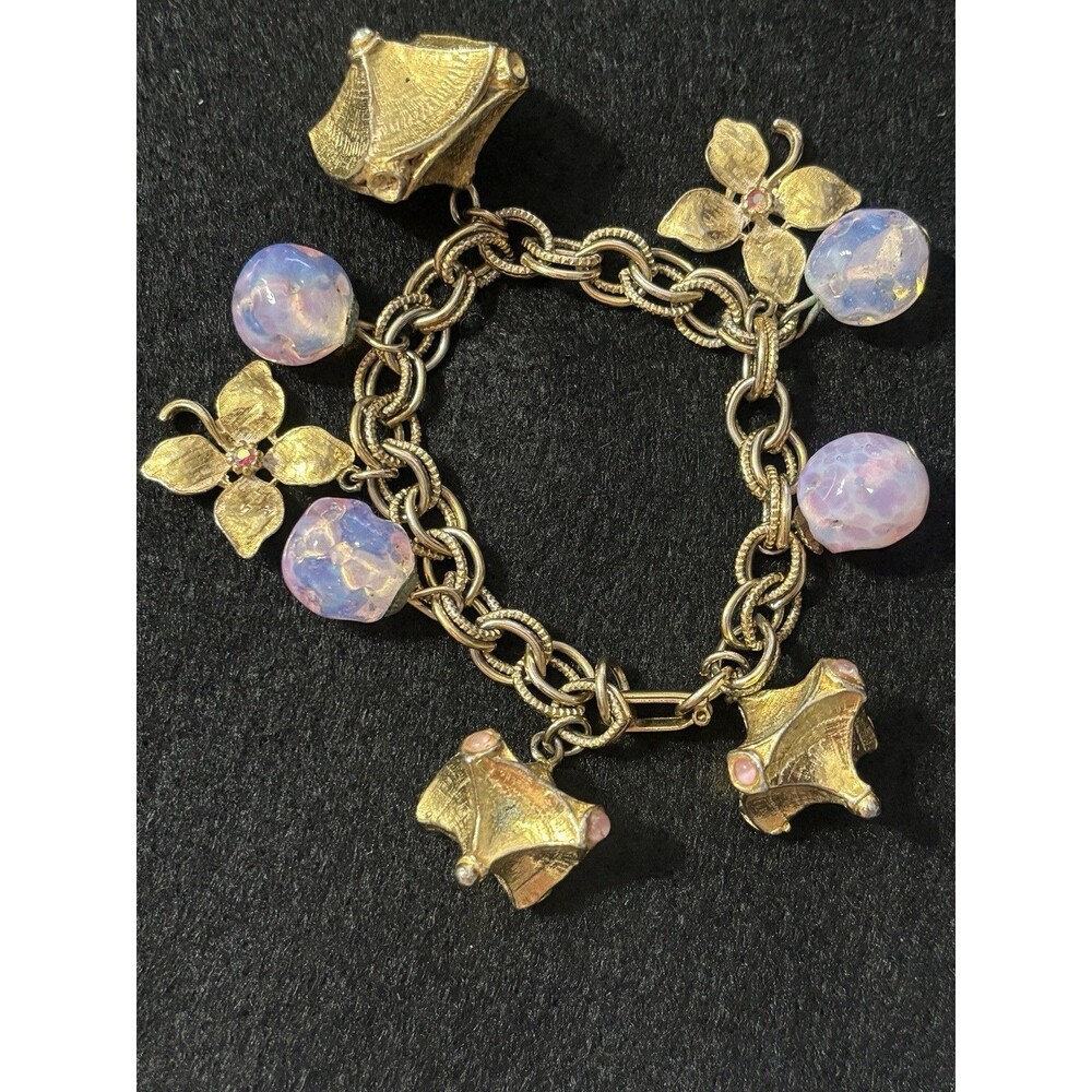 1950s Etruscan Revival Chunky Milky Lavender  Floral Pink Charm Bracelet